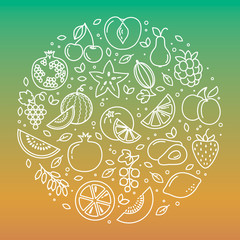 Set of vegetables and fruits icons illustration background in a circular shape