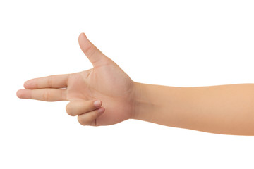 Human hand in shoot gun gesture isolate on white background with clipping path, High resolution and low contrast for retouch or graphic design