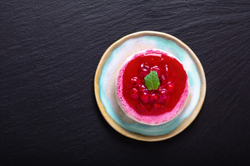 Food concept homemade organic Red currants mousse cheese cake with copy space