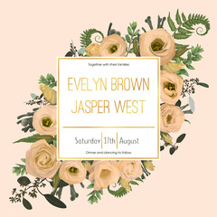 Wedding floral invitation, invite card. Vector watercolor green forest leaf, fern, brunia, branches boxwood, buxus, eucalyptus and flowers eustoma cream. Natural, botanical decorative