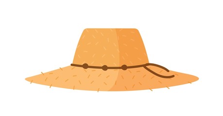 Farmer or agricultural worker straw hat with with wide brim and rope isolated on white background. Woven headdress or headgear. Decorative design element. Vector illustration in flat cartoon style.