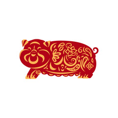 Red pig with yellow ornament as a symbol of 2019 year. Cute pig in chinese traditional style isolated on white background.