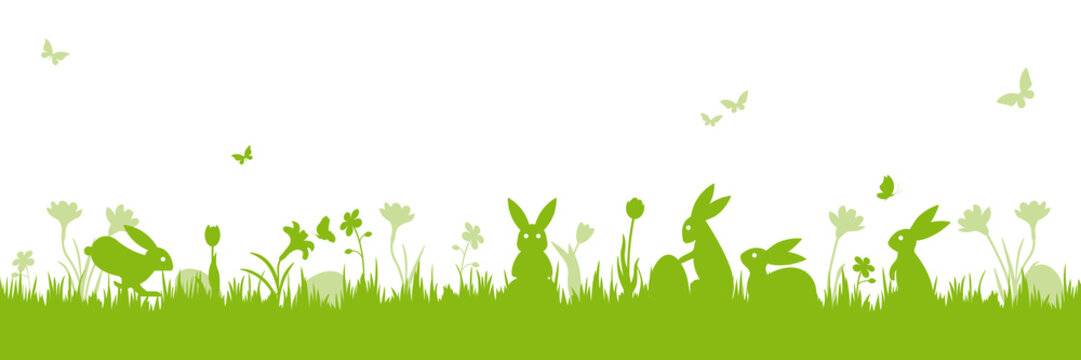 Easter holiday scene banner isolated vector illustration with bunnies on meadow