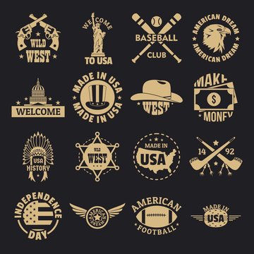 USA logo vintage icons set. Simple illustration of 16 USA logo vintage vector icons for web