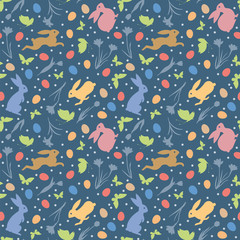 Easter Holidays seamless vector pattern with easter bunnies, flowers, eggs, butterflies