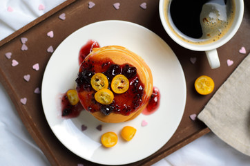 Pancakes and Coffee, Sweet Breakfast in Bed, Top View