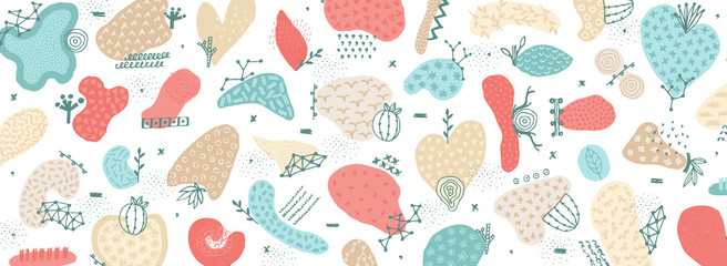 Naklejka premium Vector abstract creative background with hand drawn elements and different textured shapes. Freehand style. Applique. Unique artistic design. Header, poster, cover, banner, card, invitation, packaging