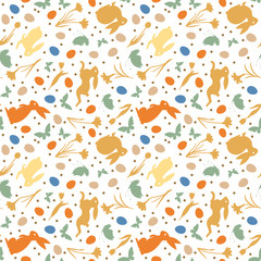 Easter Holidays seamless vector pattern with easter bunnies, flowers, eggs, butterflies