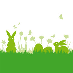Easter background with silhouettes of easter bunnies, eggs, flowers and butterflies on meadow