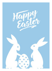 Pastel blue happy Easter greeting card with bunnies and egg