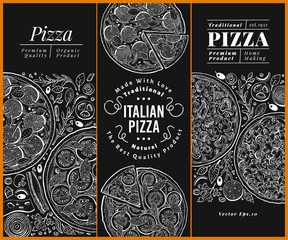 Vector Italian pizza banner set. Hand drawn vintage illustrations on chalk board. Italian Food design template. Can be use for menu, packaging, adversiting for caffe, restaurant, pizzeria - obrazy, fototapety, plakaty