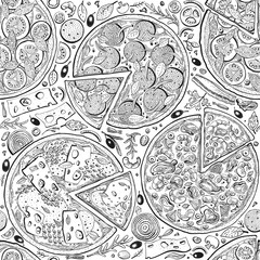 Vector Italian pizza seamless pattern. Hand drawn vintage illustrations. Italian Food design background. Can be use for menu, packaging, adversiting for caffe, restaurant, pizzeria