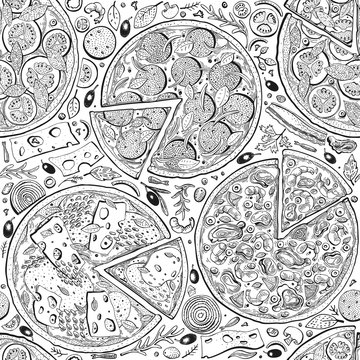 Vector Italian pizza seamless pattern. Hand drawn vintage illustrations. Italian Food design background. Can be use for menu, packaging, adversiting for caffe, restaurant, pizzeria