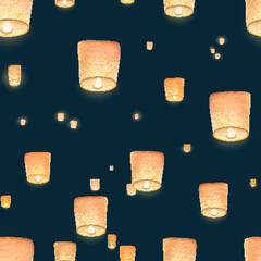 Seamless pattern with spectacular view of Chinese lanterns flying in night sky © Good Studio