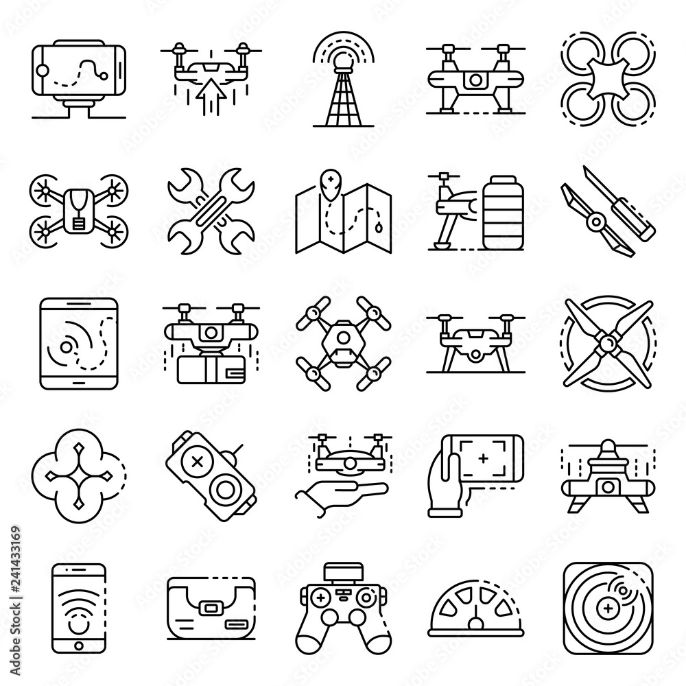 Poster drone icon set. outline set of drone vector icons for web design isolated on white background