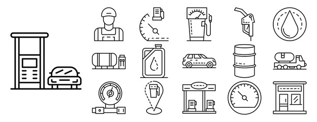 Petrol station icon set. Outline set of petrol station vector icons for web design isolated on white background