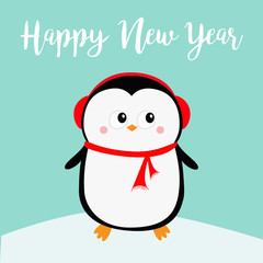Happy New Year. Penguin on snowdrift. Red headphones hat. Merry Christmas. Cute cartoon kawaii baby character. Arctic animal. Flat design. Hello winter. Blue background.