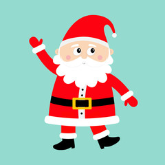Santa Claus waving hand. Happy New Year. Merry Christmas. White moustaches, beard. Red hat. Cute cartoon funny kawaii baby character. Greeting card. Flat design. Blue background.
