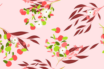 Eucalyptus Seamless Pattern. Summer Background in Pastel Color Design. Vector Branches with Leaves. Beautiful Floral Elements. Tropical Palm. Eucalyptus Seamless Pattern for Fabric, Wrapping, Print.