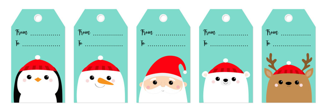 Christmas gift tag set. Santa Claus White polar bear Snowman Raindeer Deer Penguin bird face. New Year. Cute cartoon funny kawaii baby character. Flat design Blue snow background.