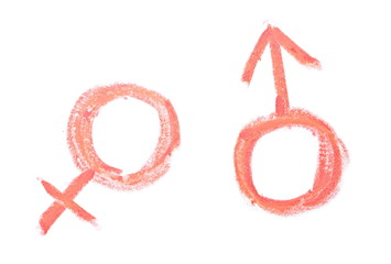 Gender symbol icons, draw red chalk isolated on white