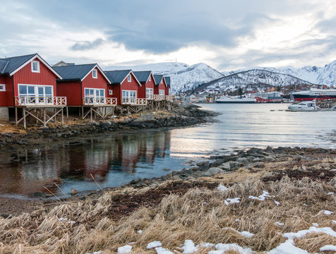 Rorbu holiday houses in Stokmarknes on Hadseloya, Vesteralen, Nordland, Norway