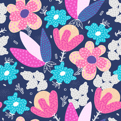 Fototapeta premium Vector seamless pattern. Abstract hand drawn flowers with different textures. Floral composition. Freehand style. Artistic design for wallpaper, textiles, wrapping, card, print on clothes, packaging