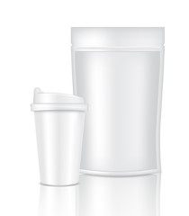 Mock up Realistic Coffee White Cup Packaging Product and Bag Sachet Background Illustration