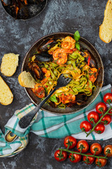 Homemade Italian Seafood Pasta with Mussels and Shrimp