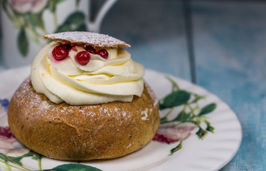Swedish Semla Cake with Cranberrys on Dish