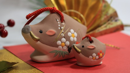 亥年 和小物と猪親子の置物