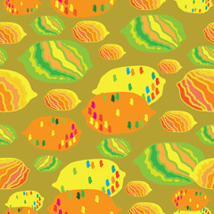 Fototapeta na wymiar Abstract Lemons-Fruit Delight seamless Repeat Pattern illustration .Background in yellow orange Red blue and Green.Delicate Pattern Background. Surface pattern Design, Perfect for Fabric, Scrapbook