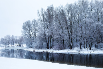 Winter snow covered shore of beautiful lake with trees