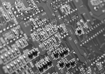 Electronic circuit board with microchip and transistors