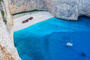 Greece, Zakynthos, Shipwreck beach famous tourist destination of perfect azure waters