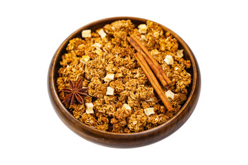Apple Cinnamon Granola Isolated on a White Background. Selective focus.