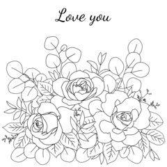Coloring page with bouquet of roses and  eucalyptus