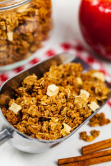 Scoop Full of Organic Apple Cinnamon Granola. Selective focus.