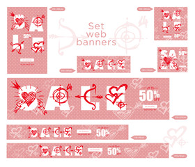 Fototapeta na wymiar Set of sale valentines day web banner. Graphic element Good idea for retail flyer, special offer. Vintage background, advertising product poster, 50 percent off discount sticker