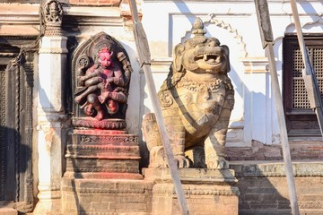 Stone Statues at the Entrance Gate of National Art Museum in Bhaktapur Durbur Square in Nepal