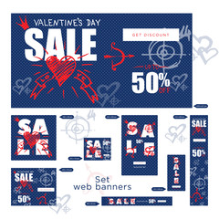 Set of sale valentines day web banner. Graphic element Good idea for retail flyer, special offer. Vintage background, advertising product poster, 50 percent off discount sticker