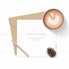 Flat lay top view elegant white composition letter kraft paper envelope pencil pine cone and coffee on wooden background