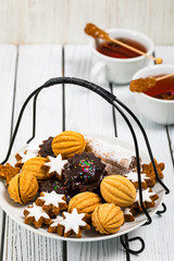 Assorted Mixed Cookies, Variety Flavors with Tea. Selective focus.