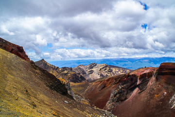 Fototapeta premium Beautiful panoramic landscape view of Red Crater and volcanic landscape in Tongariro National Park, North Island New Zealand. The most popular tourist attraction and day hike. 