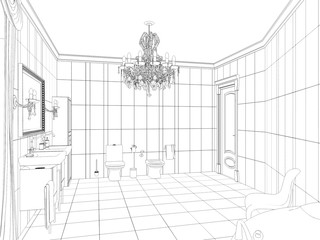 bathroom, contour visualization, 3D illustration, sketch, outline
