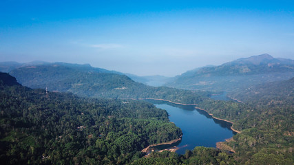 Fototapeta na wymiar Forest with a river in Sri Lanka from the height of bird flight
