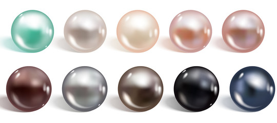 Realistic different colors pearls set. Round colored nacre forme