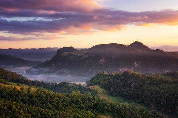 Mountain landscape and morning mist.