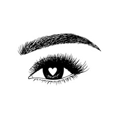 Woman eyes with hearts. Hand drawn vector illustration. Eyelashes and eyebrows. Сoncept of eyelash extensions, microblading, mascara, beauty salon. Black eyes. Beauty and Fashion. Valentine's Day.