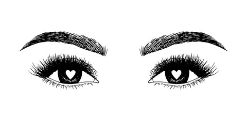 Woman eyes with hearts. Hand drawn vector illustration. Eyelashes and eyebrows. Сoncept of eyelash extensions, microblading, mascara, beauty salon. Black eyes. Beauty and Fashion. Valentine's Day.